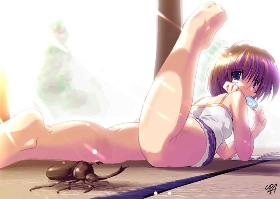 komatsu eiji, 1girl, barefoot, beetle, book, bug, denim, denim shorts, female focus, food, insect, leg up, popsicle, shorts, solo, tatami