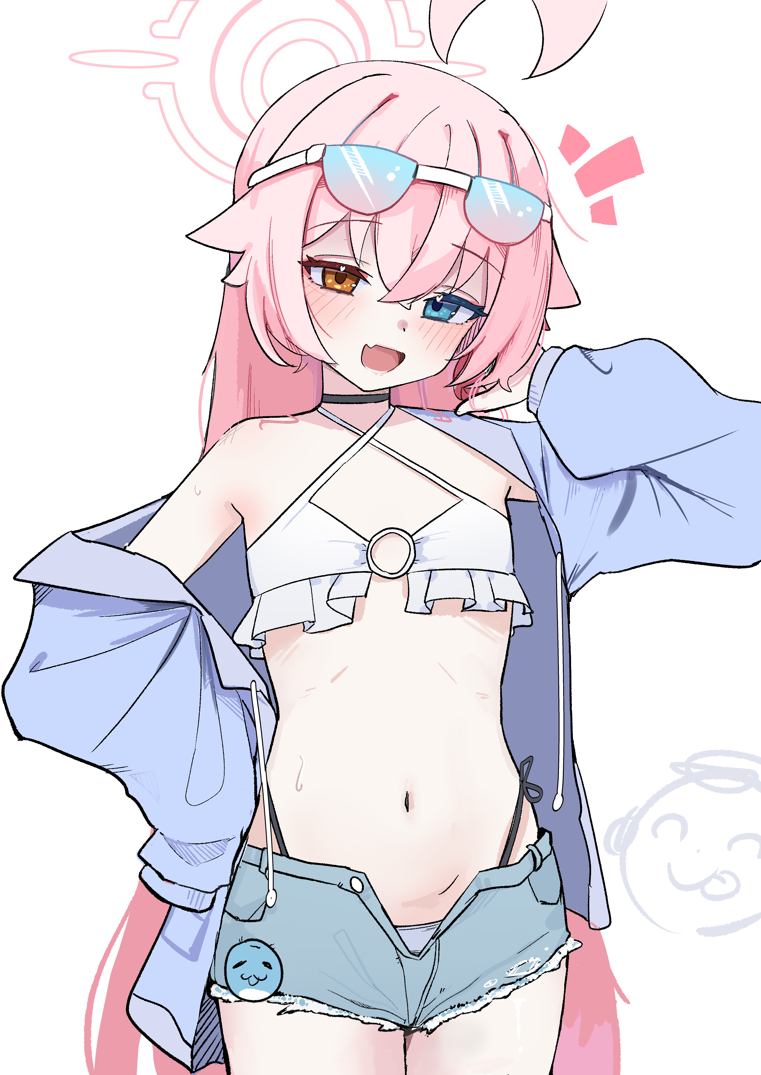 high (hgih), hoshino (blue archive), renge (blue archive), renge (swimsuit) (blue archive), sensei (blue archive), blue archive, absurdres, commentary, highres, 1girl, ahoge, bikini, blue eyes, blush, cosplay, cutoffs, denim, denim shorts, eyewear on head, fang, flat chest, hair between eyes, halo, halterneck, heterochromia, highleg, highleg bikini, jacket, long hair, looking at viewer, navel, o-ring, o-ring bikini, o-ring top, off shoulder, open clothes, open fly, open jacket, open mouth, open shorts, pink hair, pink halo, short shorts, shorts, side-tie bikini bottom, simple background, solo, sunglasses, swimsuit, tinted eyewear, tongue, tongue out, unzipped, very long hair, white bikini, yellow eyes