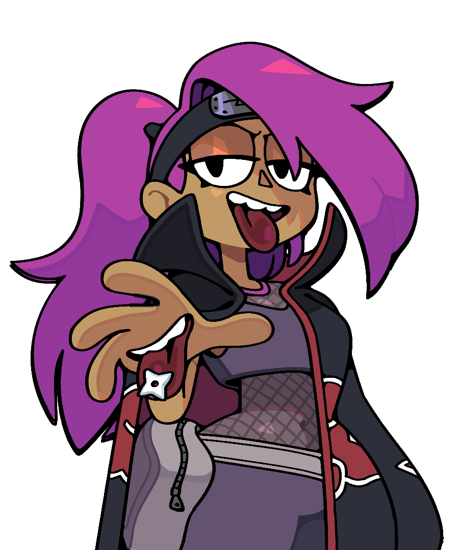 discount-supervillain, deidara (naruto), enid (ok k.o.!), naruto (series), naruto shippuuden, ok k.o.! let's be heroes, 1girl, breasts, cosplay, crop top, dark-skinned female, dark skin, deidara (naruto) (cosplay), forehead protector, hand mouth, high ponytail, long hair, ninja, open mouth, ponytail, purple hair, shirt, simple background, smile, solo, tongue, toon (style)