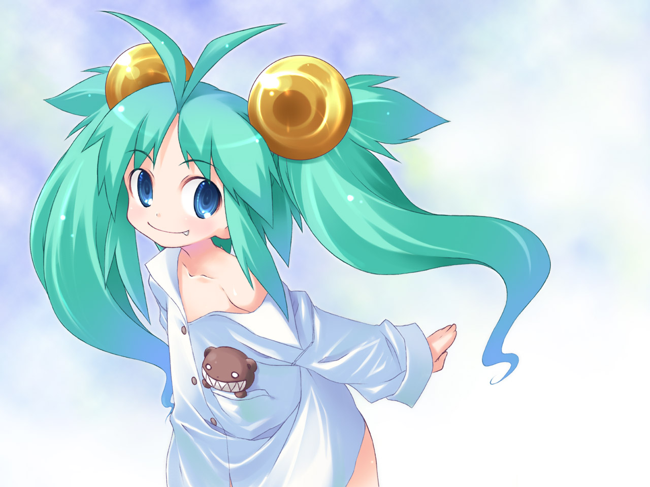 akane yuki, 1girl, blue eyes, fang, female focus, green hair, long hair, off shoulder, open clothes, open shirt, shirt, solo