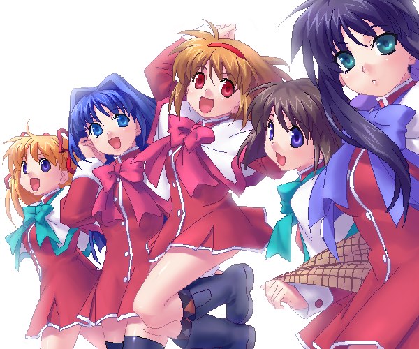 zen, kawasumi mai, minase nayuki, misaka shiori, sawatari makoto, tsukimiya ayu, kanon, 5girls, alternate costume, jumping, multiple girls, oekaki, red skirt, school uniform, serafuku, skirt, thighhighs