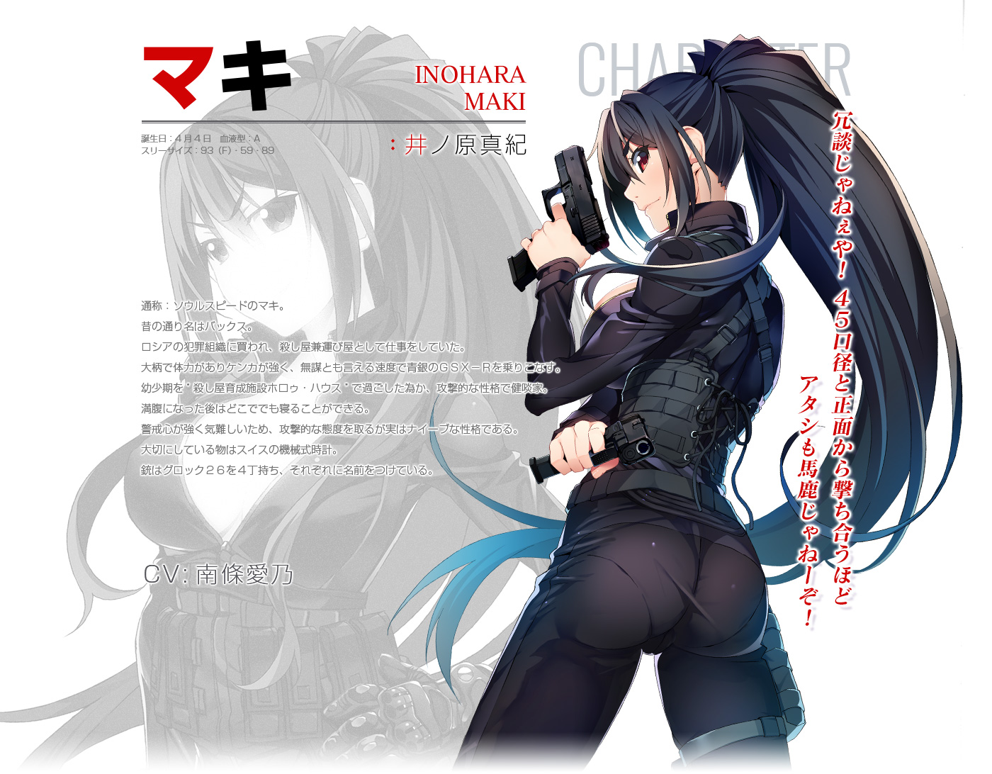 watanabe akio, inohara maki, grisaia (series), grisaia phantom trigger, official art, translation request, 1girl, ass, black bodysuit, black corset, black hair, blood type, bodysuit, breasts, character name, character profile, closed mouth, corset, dual wielding, finger on trigger, from behind, gun, handgun, high ponytail, holding, holding gun, holding weapon, large breasts, long hair, long sleeves, looking at viewer, looking back, multiple views, pantylines, ponytail, profile, red eyes, sideways glance, standing, thigh strap, three sizes, very long hair, weapon