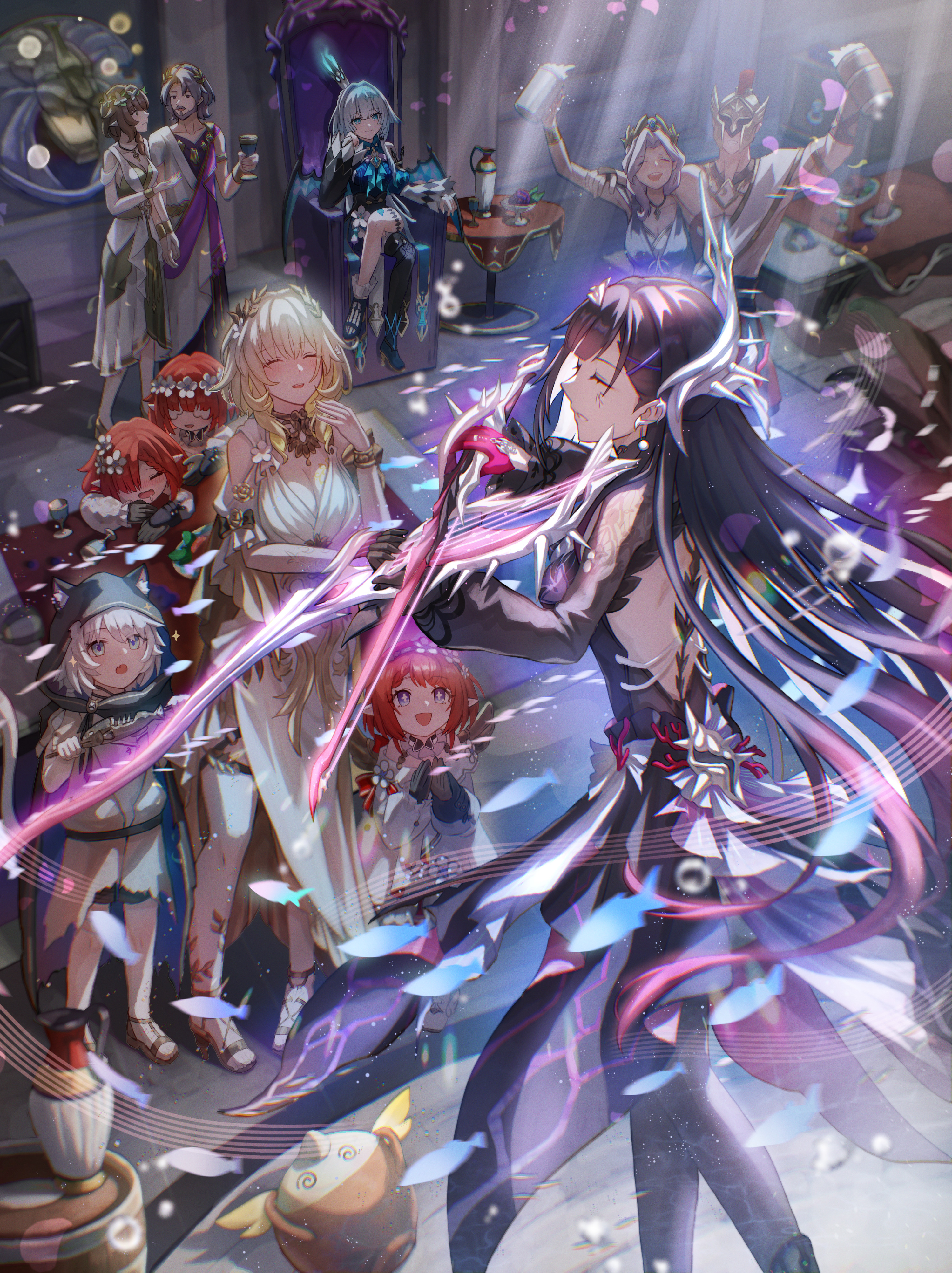 isome, aglaea (honkai: star rail), cerydra (honkai: star rail), cipher (honkai: star rail), cipher (in pursuit of the wind) (honkai: star rail), hysilens (honkai: star rail), trianne (honkai: star rail), tribbie (honkai: star rail), trinnon (honkai: star rail), honkai: star rail, honkai (series), absurdres, commentary request, highres, revision, 2boys, 6+girls, ancient greek clothes, animal ears, animal hood, apollonius (honkai: star rail), beer mug, black dress, black hair, black hood, blonde hair, blue dress, blue eyes, blue hair, breasts, brown dress, cat ears, cat girl, cat hood, cheering, cleavage, cross-shaped pupils, crown, cup, dress, dried fish, eating, greco-roman clothes, grey hair, head wreath, helmet, holding, holding cup, holding instrument, holding violin, hood, instrument, labienus (honkai: star rail), large breasts, laurel crown, mug, multiple boys, multiple girls, music, official alternate costume, playing instrument, pointy ears, red hair, seneca (honkai: star rail), sitting, sitting on throne, smile, standing, symbol-shaped pupils, table, throne, tiara, verginia (honkai: star rail), violin, white dress