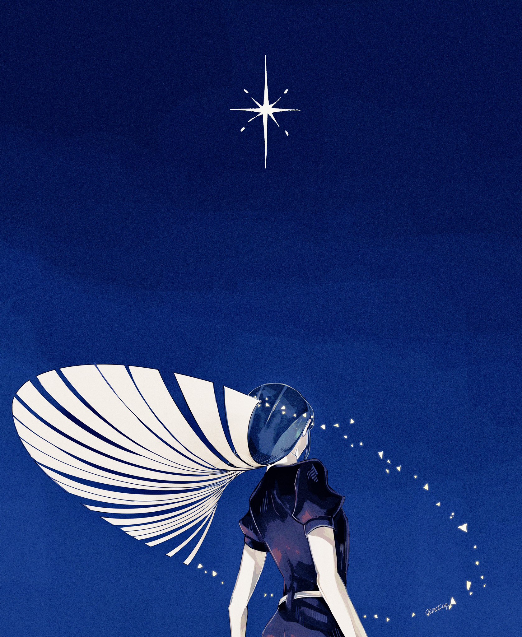 mt5 014, lapis lazuli (houseki no kuni), houseki no kuni, highres, 1other, blue hair, colored skin, crystal hair, glowing, glowing hair, long hair, other focus, shards, white skin