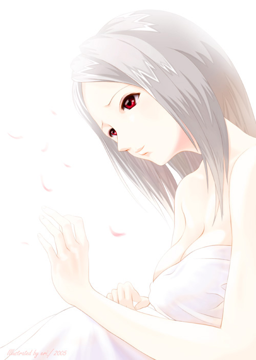 eri (artist), el (sound horizon), elysion, sound horizon, silver hair, 00s, 1girl, 2005, artist name, bare shoulders, blanket, female focus, petals, red eyes, short hair, solo, white background, white theme