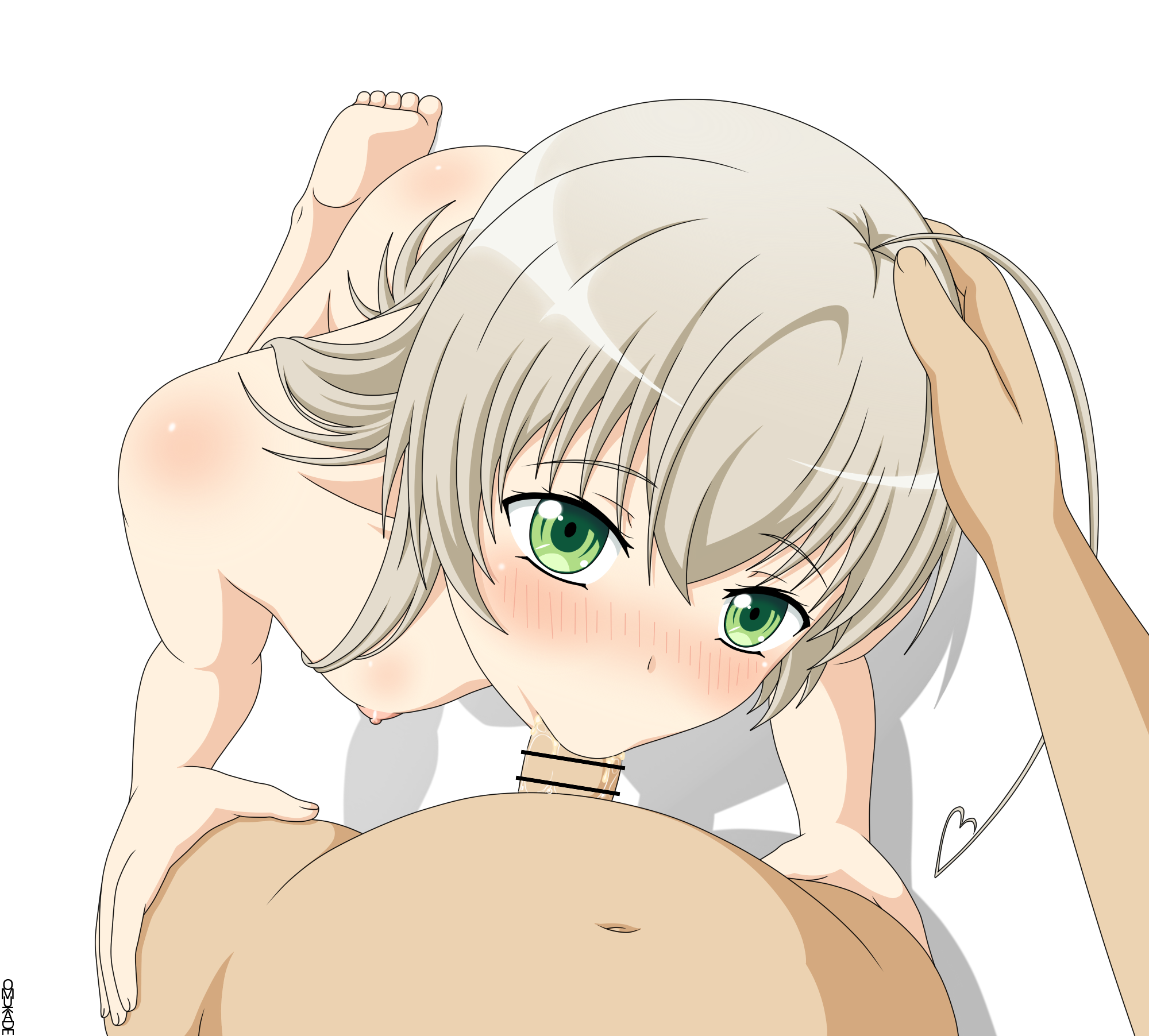 nyarlathotep (nyaruko-san), haiyore! nyaruko-san, commentary, commission, english commentary, highres, 1boy, 1girl, :>=, ahoge, artist name, bar censor, barefoot, blush, breasts, censored, collarbone, completely nude, cum, cum in mouth, eyelashes, fellatio, from above, green eyes, grey hair, hair between eyes, hair over shoulder, hand on another's head, hands on another's thighs, happy, happy sex, headpat, heart, heart ahoge, hetero, huge ahoge, kneeling, long hair, looking at viewer, nipples, nose blush, nude, omukade, oral, penis, pov, pov hands, saliva, shadow, sidelocks, simple background, solo focus, upturned eyes, white background