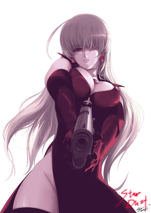 eri (artist), stardust, elysion, sound horizon, silver hair, 1girl, ahoge, aiming, aiming at viewer, black thighhighs, breasts, cleavage, covered erect nipples, dress, earrings, elbow gloves, female focus, from below, gloves, gun, hair over one eye, handgun, holding, holding gun, holding weapon, jewelry, large breasts, lips, long hair, necklace, no panties, pistol, red dress, red eyes, solo, thighhighs, weapon