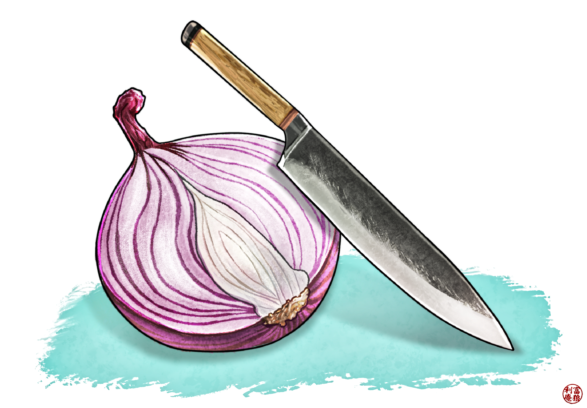 original, commentary, english commentary, highres, procreate (medium), art neverath, artist logo, food, knife, logo, no humans, onion, onion slice, vegetable