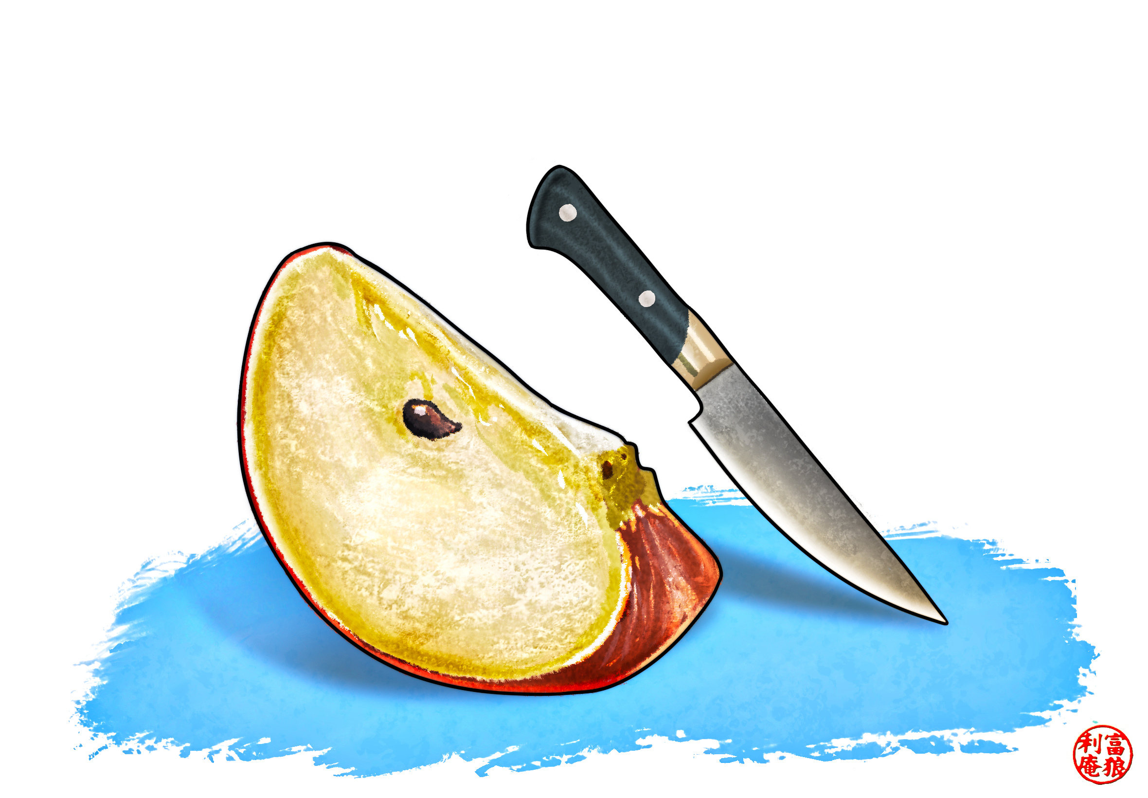 original, commentary, english commentary, highres, procreate (medium), apple, apple slice, art neverath, artist logo, food, fruit, fruit focus, knife, logo, white background