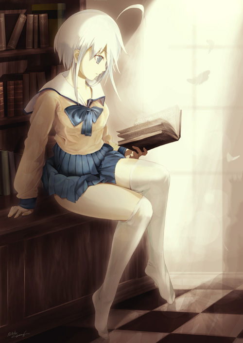 eri (artist), rukia (sound horison), chronicle 2nd, sound horizon, light, 1girl, ahoge, book, checkered floor, female focus, floor, legs, library, miniskirt, open book, perspective, reading, school uniform, serafuku, short hair, skirt, solo, thighhighs, white hair, white thighhighs, zettai ryouiki