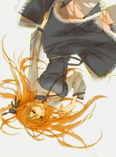 shirley fenette, code geass, 00s, 1girl, cleavage cutout, clothing cutout, dress, female focus, green eyes, hair ribbon, half-closed eyes, long hair, long sleeves, orange hair, ribbon, see-through clothes, solo, upside-down