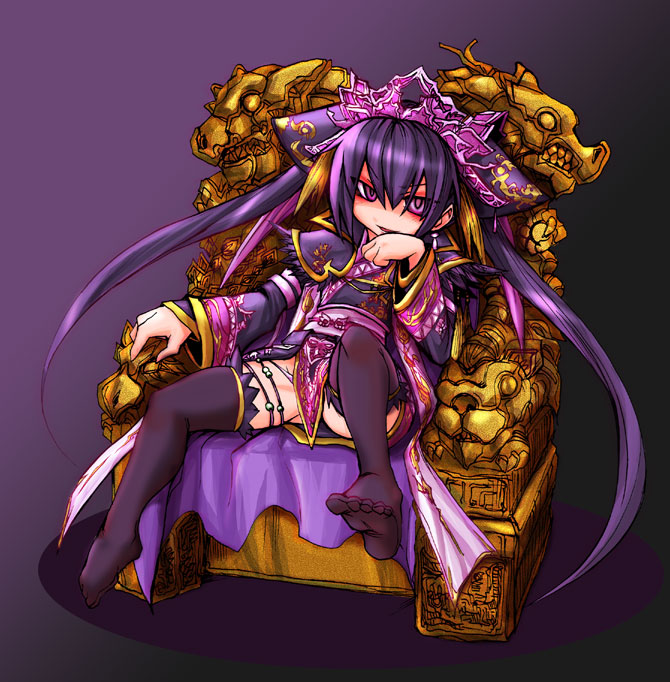 kobayashi tetsuya, touhaku, sangokushi taisen, 1girl, chair, dragon, female focus, glaring, grin, hand on own face, headdress, loli, panties, purple eyes, purple hair, sitting, smile, solo, thighhighs, throne, twintails, underwear