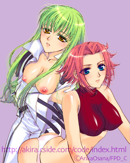 asano akira, fairypink, c.c., kouzuki kallen, code geass, 00s, 2girls, bare shoulders, blue eyes, blush, breasts, covered erect nipples, green hair, large breasts, long hair, looking at viewer, multiple girls, nipples, open clothes, open shirt, panties, red hair, shirt, short hair, sleeveless, sleeveless turtleneck, turtleneck, underwear, yellow eyes