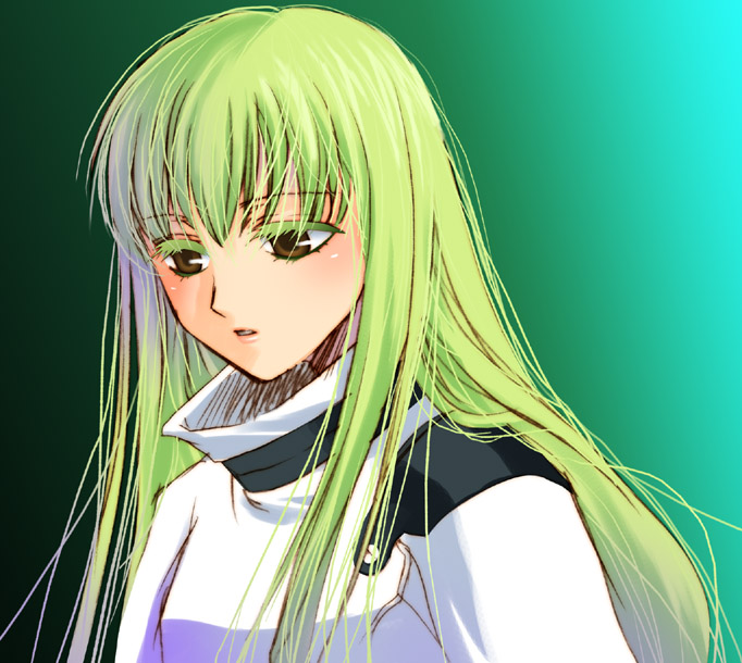 asano akira, c.c., code geass, 00s, 1girl, brown eyes, colored eyelashes, female focus, green background, green hair, long hair, solo