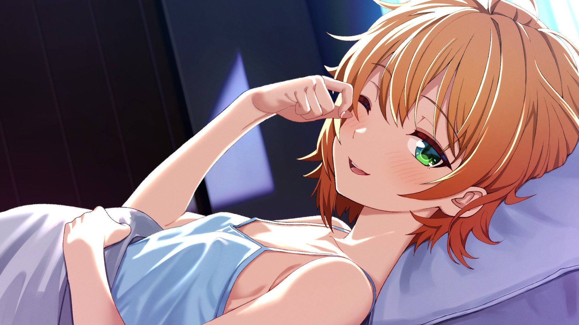 tft (tft7822), original, character request, commentary, highres, 1girl, ;d, ahoge, backlighting, bare shoulders, blush, breasts, camisole, crack lack good luck, dutch angle, from side, green eyes, hair between eyes, hand up, happy, indoors, looking at viewer, lying, morning, on back, on bed, one eye closed, open mouth, orange hair, rubbing eyes, short hair, small breasts, smile, solo, spiked hair, teeth, tomboy, under covers, upper body, upper teeth only, white camisole