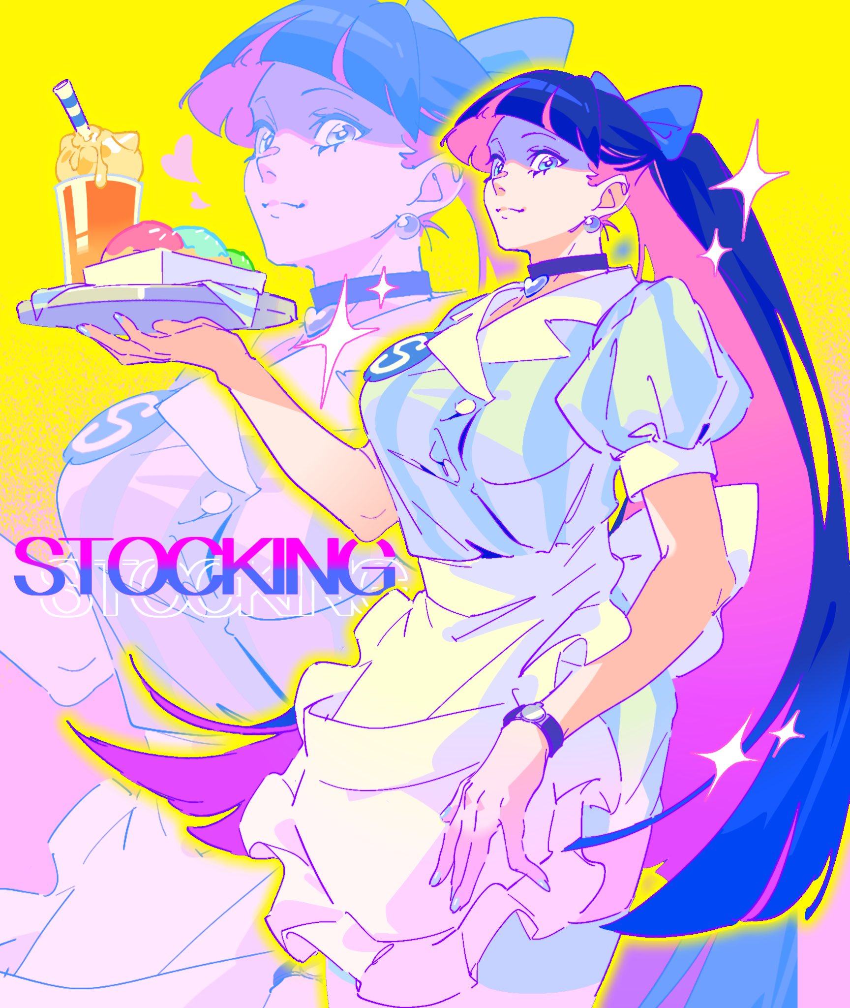 stocking (psg), panty & stocking with garterbelt, highres, 1girl, bb zatta, blue eyes, blunt bangs, colored inner hair, dress, holding, holding tray, long hair, looking at viewer, multicolored hair, pink hair, ponytail, purple hair, solo, striped clothes, striped dress, tray, vertical-striped clothes, vertical-striped dress