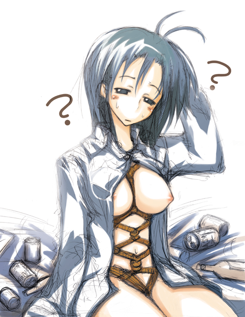 motofumi, 1girl, bdsm, bondage, bottomless, bound, breasts, female focus, medium breasts, nipples, open clothes, open shirt, rope, shibari, shibari under clothes, shirt, solo