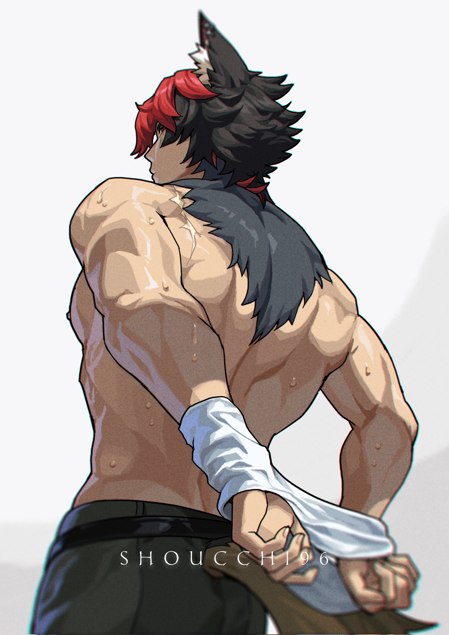 shoucchi96, komano manato, zenless zone zero, commentary, english commentary, highres, 1boy, animal ear fluff, animal ears, arms behind back, back, back muscles, belt, black belt, black hair, black pants, closed mouth, cowboy shot, dimples of venus, grey background, looking back, male focus, multicolored hair, nipples, pants, pectorals, red eyes, red hair, scar, scar on back, short hair, sidepec, solo, standing, sweat, tail, topless male, twitter username, two-tone hair, very sweaty