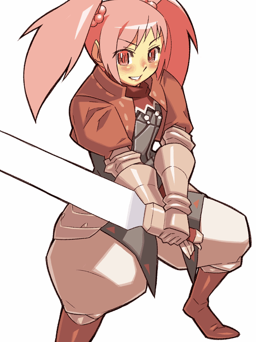 itsumo nokoru, archived source, character request, copyright request, anime coloring, ankle boots, armor, beads, black outline, blue eyes, blush, boots, brown boots, collar, couter, cropped jacket, fantasy, faulds, fighting stance, foot out of frame, gauntlets, hair beads, hair bobbles, hair ornament, half updo, high collar, holding, holding sword, holding weapon, knight, legs apart, lips, long hair, looking at viewer, nose blush, outline, pants, parted lips, pink eyes, pink hair, popped collar, puffy pants, red collar, red sleeves, sidelocks, silver armor, smile, standing, surcoat, sword, teeth, thick outlines, turtleneck, twintails, vambraces, weapon, white background, white pants
