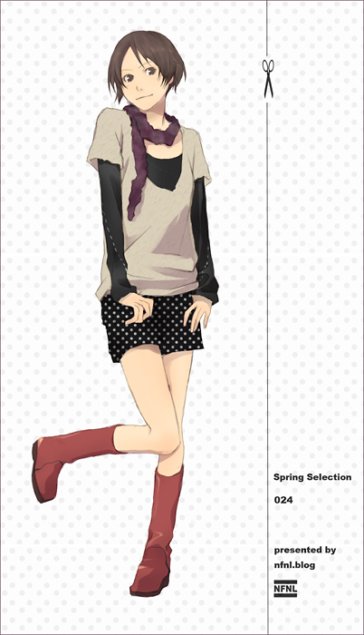 yoshito, original, 1girl, black shirt, blouse, boots, brown boots, brown eyes, brown hair, closed mouth, collarbone, english text, fashion, female focus, full body, grey shirt, knee boots, layered sleeves, leg up, long sleeves, looking at viewer, miniskirt, red boots, red scarf, scarf, shirt, short over long sleeves, short sleeves, simple background, skirt, smile, solo, standing, standing on one leg, sweater, text focus, white background