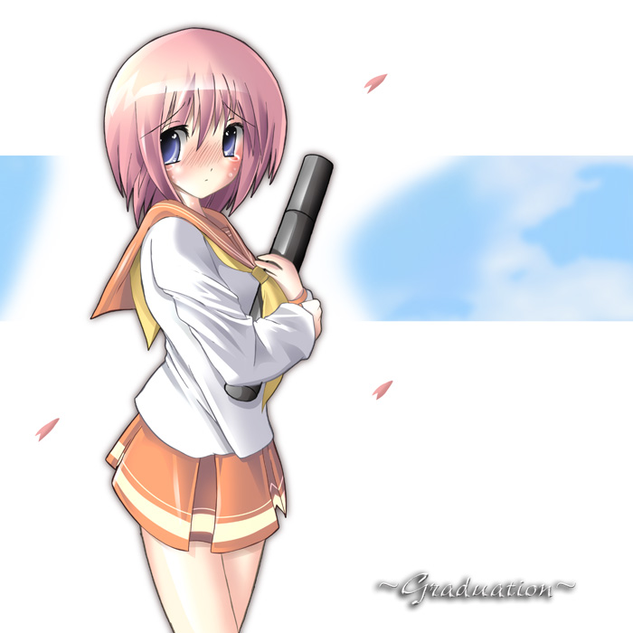 kichikuouji, original, 1girl, blue eyes, cowboy shot, diploma, female focus, graduation, holding, holding diploma, long sleeves, looking at viewer, miniskirt, neckerchief, orange skirt, pink hair, pleated skirt, sailor collar, school uniform, serafuku, short hair, simple background, skirt, solo, white background, yellow neckerchief