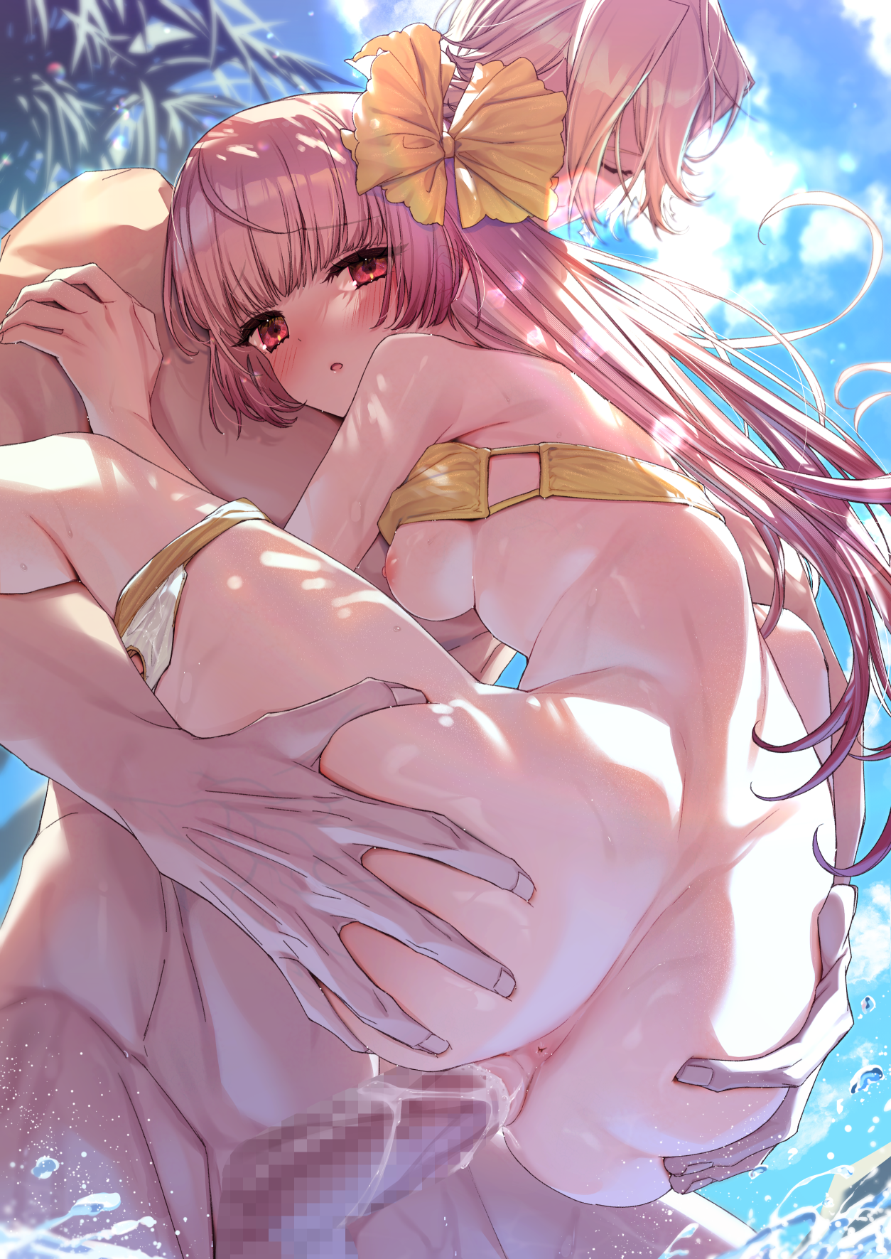 alfred (artist), mathias ferrier adalet, suelle malen, atelier (series), atelier lydie & suelle, highres, 1boy, 1girl, :o, anus, ass, beach, bikini, bikini top lift, bikini top only, blue sky, blush, bow, breasts, carrying, carrying person, censored, clothes lift, cloud, cum, day, flower, from below, groping, hair flower, hair ornament, hair ribbon, hetero, lifting person, long hair, looking at viewer, medium breasts, mosaic censoring, nipples, open mouth, outdoors, palm tree, penis, pink hair, puckered anus, pussy, red eyes, ribbon, sex, sky, standing, standing sex, suspended congress, swimsuit, swimsuit lift, tree, vaginal, water, wet, yellow bikini, yellow bow
