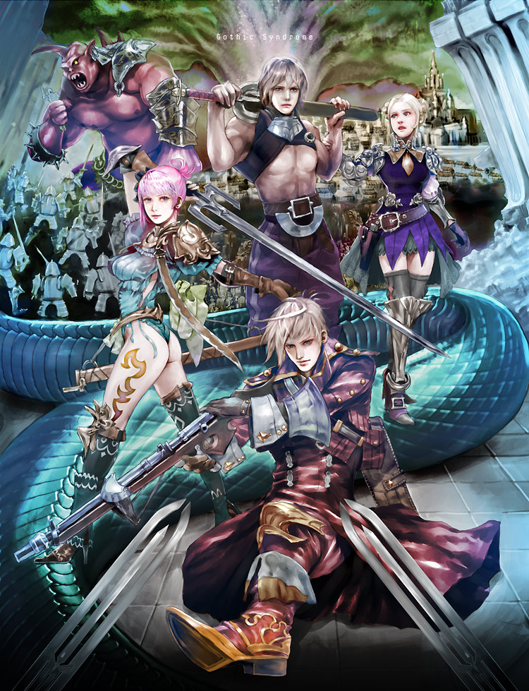 jasmine t, original, 2boys, 2girls, armor, fantasy, gun, leotard, multiple boys, multiple girls, pink hair, sword, weapon