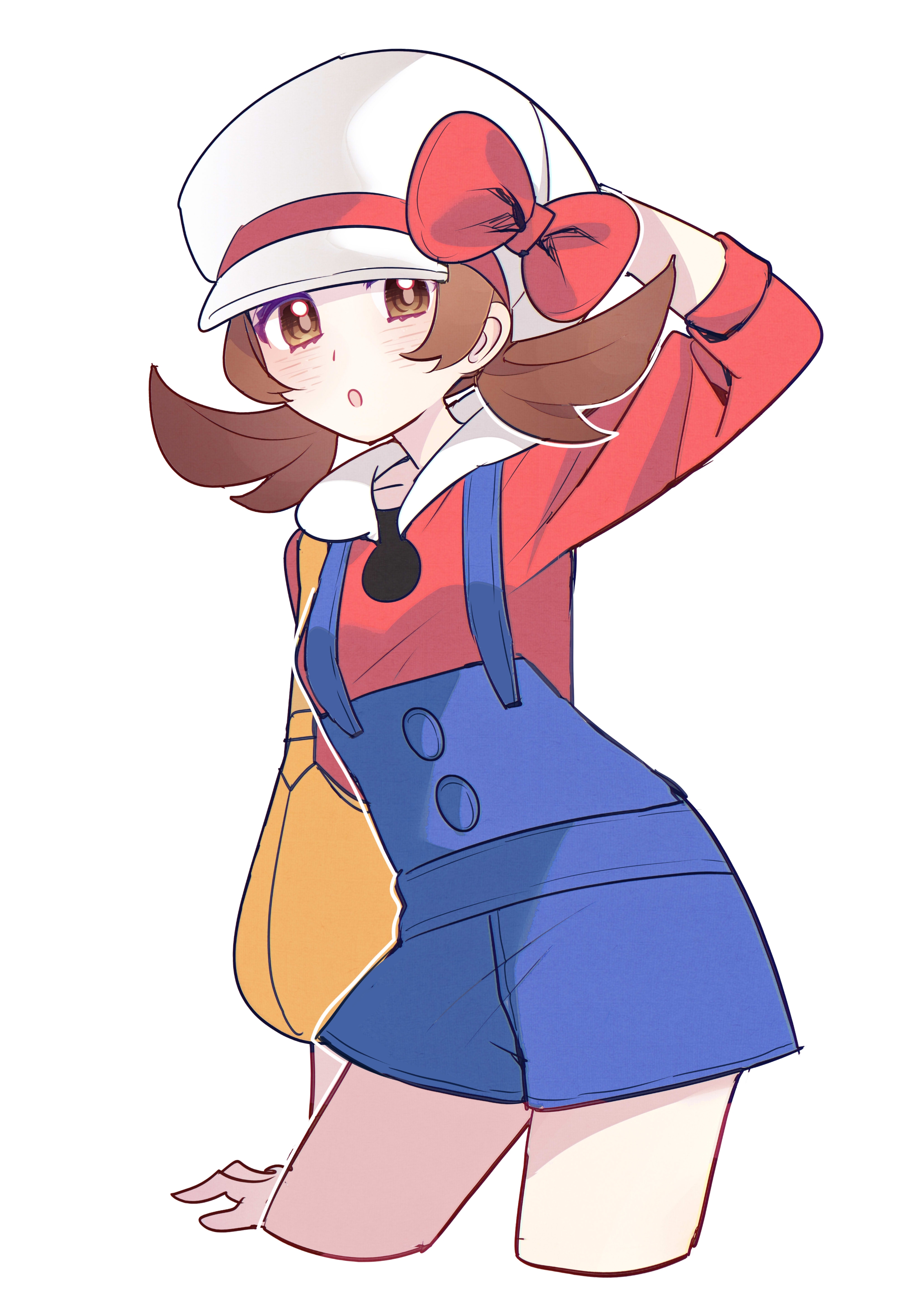 pkm lemon, lyra (pokemon), nintendo, pokemon, pokemon hgss, absurdres, highres, 1girl, blue overalls, blush, bow, brown eyes, brown hair, cowboy shot, hat, hat bow, long hair, newsboy cap, open mouth, overalls, parted lips, red shirt, ribbon, shirt, simple background, twintails, white background, white hat, yellow bag