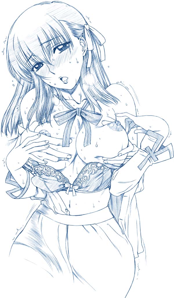 hanzaki jirou, matou sakura, fate/stay night, fate (series), 00s, 1girl, blush, bra, breasts, grabbing another's breast, groping, large breasts, lingerie, looking at viewer, monochrome, nipples, solo focus, underwear