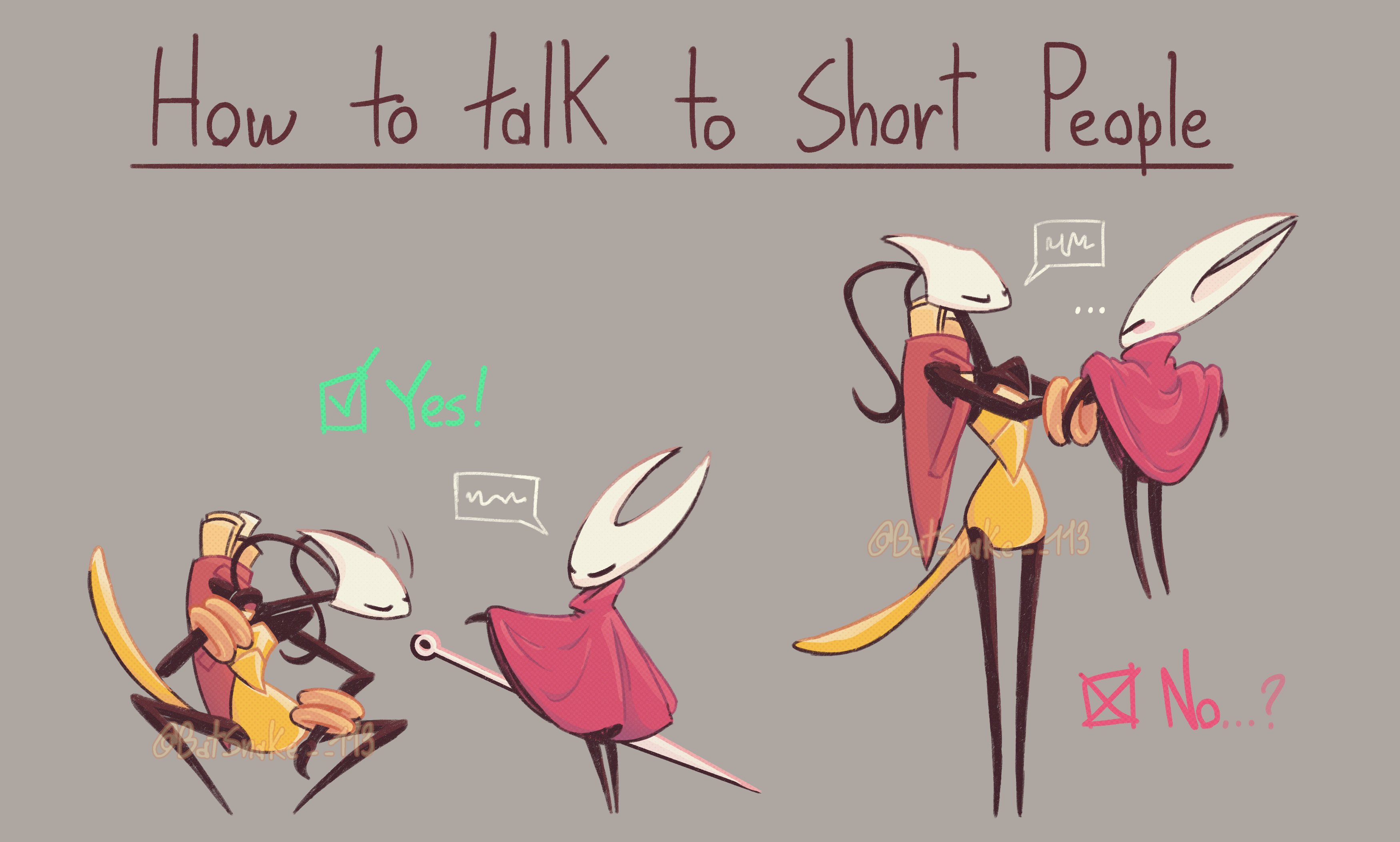 hornet (hollow knight), shakra (hollow knight), hollow knight, hollow knight: silksong, absurdres, highres, 2girls, grey background, how to talk to short people (meme), meme, multiple girls, simple background