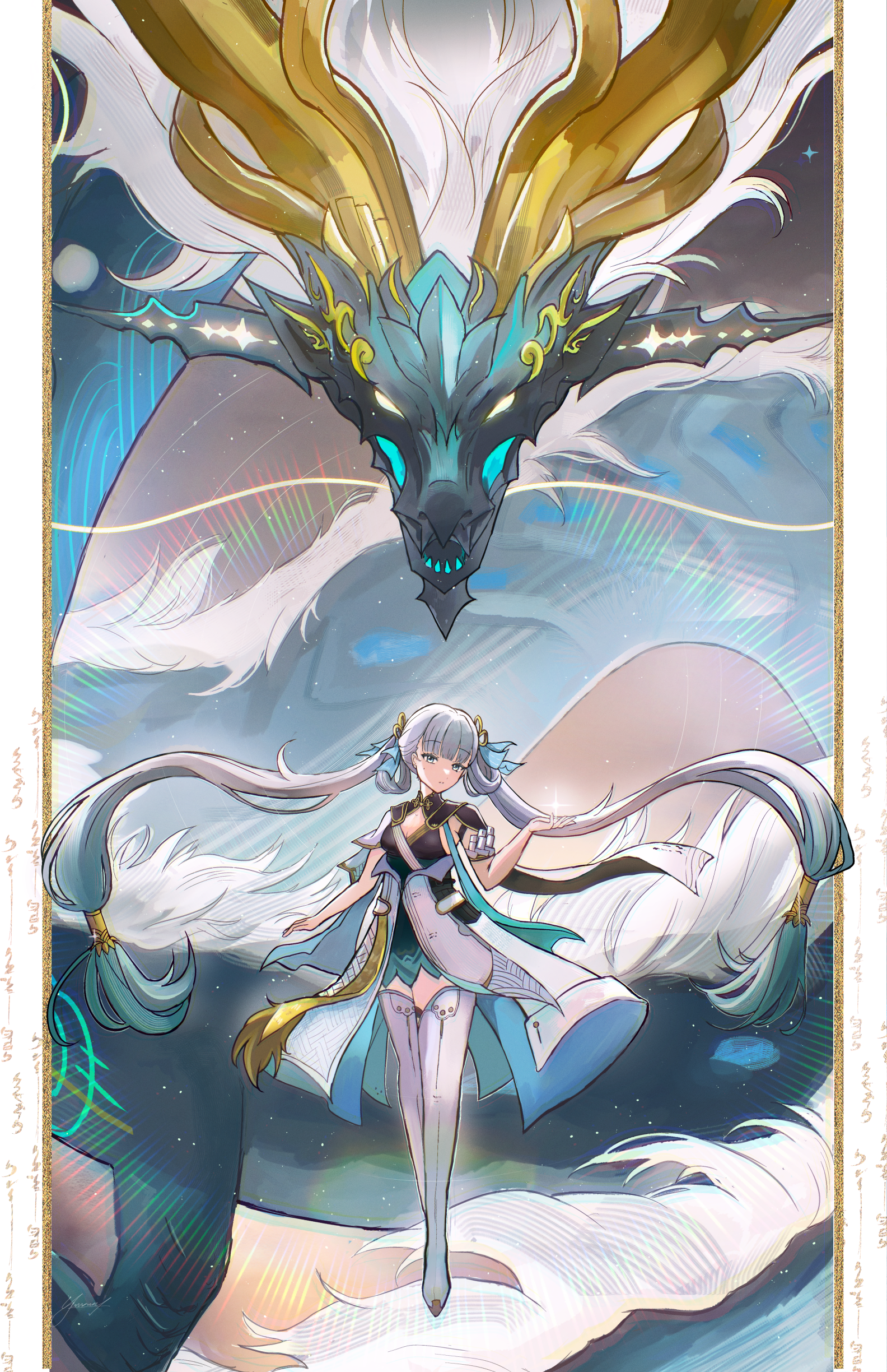 kato yuurina, jinhsi (wuthering waves), jue (wuthering waves), wuthering waves, absurdres, commentary, highres, 1girl, black collar, black dress, blue bow, boots, bow, breasts, cleavage, coat, collar, dragon, dress, eastern dragon, hair bow, hair rings, hand up, long hair, looking at viewer, low twintails, medium breasts, mole, mole on cheek, multiple hair bows, thigh boots, twintails, very long hair, white boots, white coat, white hair