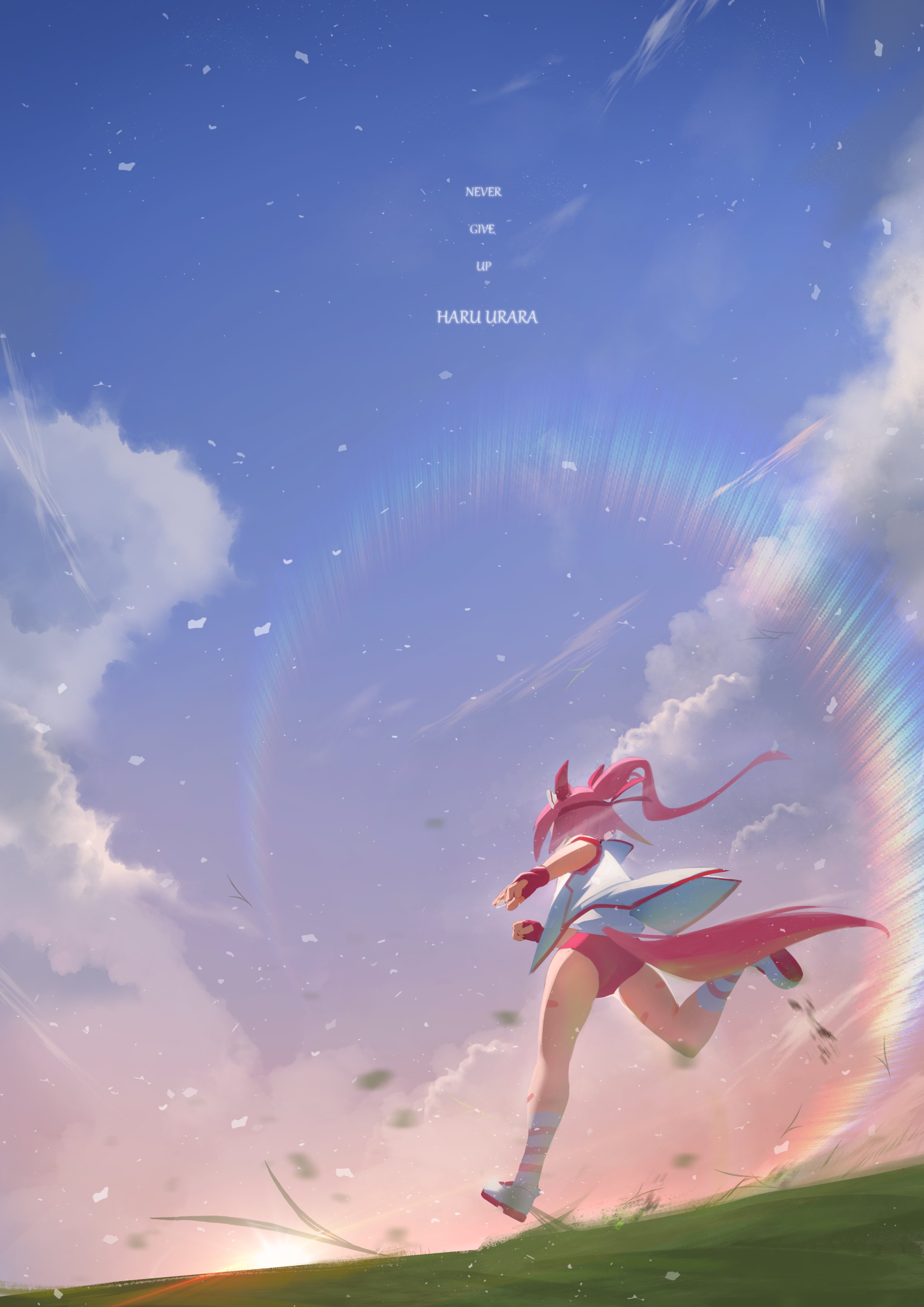 mf draws, haru urara (bestest prize) (umamusume), haru urara (umamusume), umamusume, absurdres, commentary, english commentary, highres, 1girl, animal ears, bandaid, bandaid on leg, blue sky, bow, buruma, cloud, ear bow, ear covers, english text, fingerless gloves, gloves, grass, hairband, headband, horse ears, horse girl, horse tail, jacket, long hair, outdoors, pink buruma, pink hair, pink headband, pink sky, ponytail, red buruma, red gloves, red headband, running, shirt, sky, socks, solo, striped clothes, striped socks, sunset, tail, white jacket, white shirt