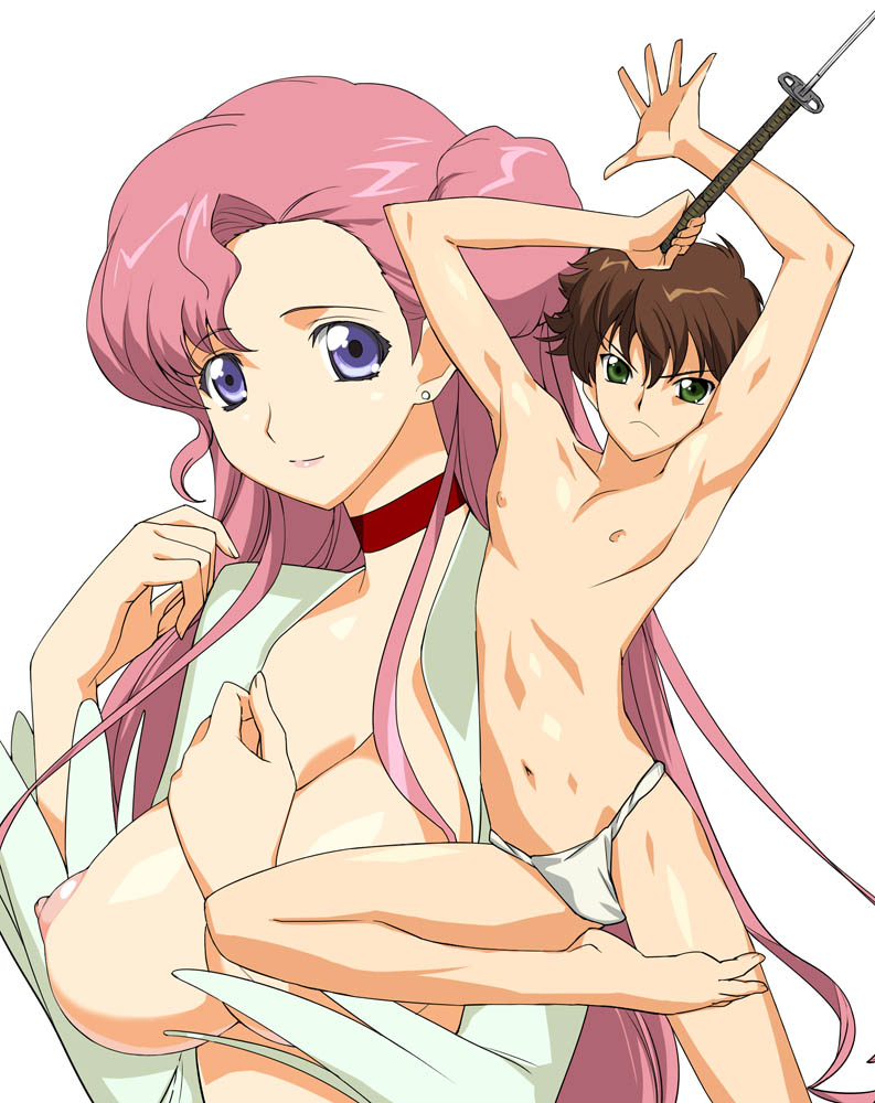 a1 (initial-g), euphemia li britannia, kururugi suzaku, code geass, 00s, donut hair bun, fundoshi, hair bun, japanese clothes, nipples, open clothes, open shirt, shirt