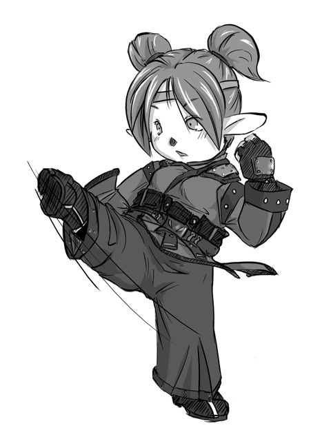 monk (final fantasy), final fantasy, final fantasy xi, 00s, 1girl, female focus, full body, gloves, greyscale, kicking, leg up, monk, monochrome, motion lines, pointy ears, simple background, solo, standing, standing on one leg, tarutaru, twintails, white background