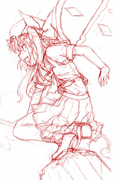 tsuyadashi shuuji, flandre scarlet, touhou, 1girl, female focus, from side, hat, mob cap, monochrome, red theme, solo, wings