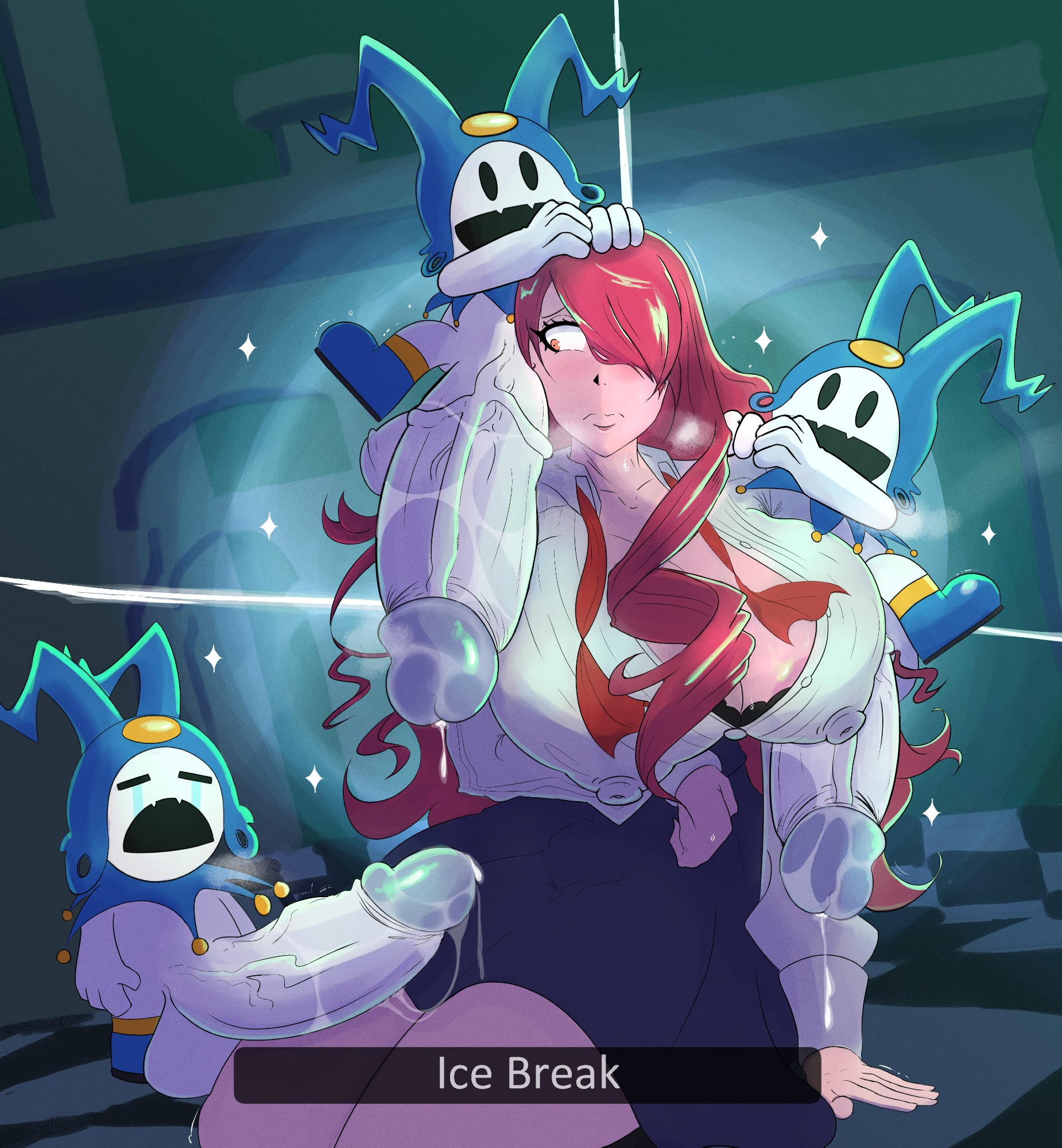 yaboi77777, jack frost (megami tensei), kirijou mitsuru, persona, persona 3, tagme, bra, breasts, cleavage, large penis, monster, nipples, penis, red hair, underwear