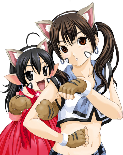 map (blue catty), 2girls, animal ears, animal hands, black eyes, black hair, brown eyes, brown hair, cat ears, crop top, dress, earrings, facial mark, fang, fingerless gloves, gloves, hairband, jewelry, locked arms, looking at viewer, midriff, multiple girls, navel, paw gloves, pointy ears, red dress, sailor collar, simple background, sleeveless, twintails, white background