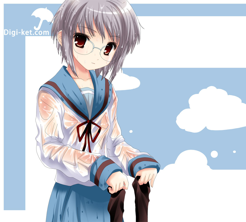 namamo nanase, nagato yuki, suzumiya haruhi no yuuutsu, 00s, glasses, solo, wet, wet clothes