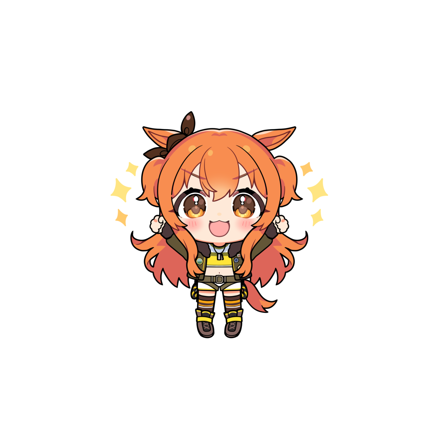inuyama nanami, mayano top gun (scramble zone) (umamusume), mayano top gun (umamusume), umamusume, commentary, highres, 1girl, animal ears, arms up, belt, blush, bomber jacket, bow, brown shoes, chibi, chibi only, crop top, dog tags, ear ribbon, full body, green belt, green jacket, hair between eyes, horse ears, horse girl, horse tail, jacket, long hair, long sleeves, looking at viewer, midriff, navel, open clothes, open mouth, orange eyes, orange hair, orange tail, shirt, shoes, shorts, simple background, smile, solo, sparkle, standing, tail, thighhighs, two side up, v-shaped eyebrows, white background, white shorts, yellow shirt