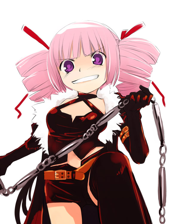 yuu (kfc), dark hunter, dark hunter (sekaiju), dark hunter 4, yu (sekaiju no meikyu), atlus, etrian odyssey, 1girl, belt, black gloves, blunt bangs, buckle, clenched teeth, cowboy shot, drill hair, elbow gloves, female focus, gloves, looking at viewer, nunchaku, open mouth, pink hair, purple eyes, short hair, simple background, solo, standing, teeth, twin drills, weapon, white background