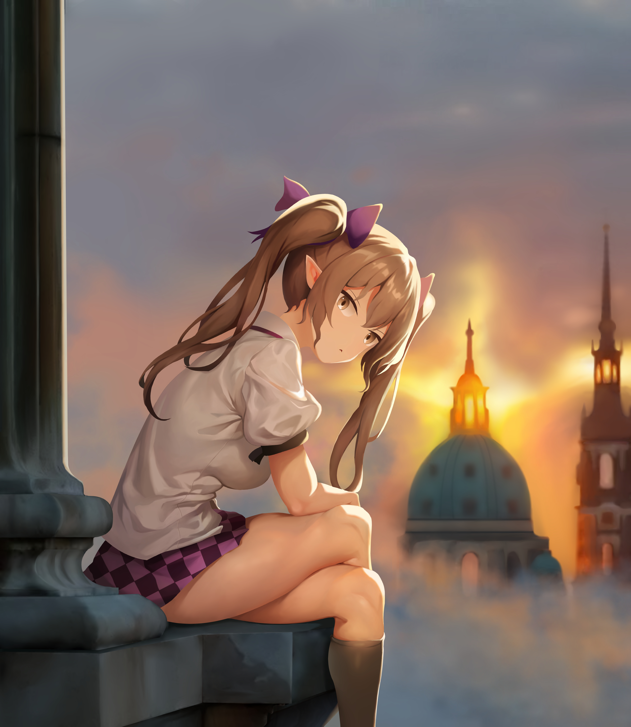 guilty merlin, himekaidou hatate, touhou, absurdres, highres, location request, 1girl, bell tower, brown hair, checkered clothes, checkered skirt, church, dome, hat, long hair, looking at viewer, outdoors, pointy ears, purple hat, purple ribbon, ribbon, skirt, socks, solo, steeple, tokin hat, twintails