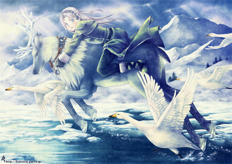yue natsuki, original, silver hair, 1girl, animal, bird, black boots, black pantyhose, blue eyes, boots, cloud, cloudy sky, day, female focus, from side, full body, horse, horseback riding, knee boots, leaning forward, light rays, pantyhose, profile, riding, short hair, sitting, sky, solo, spread legs, straddling, sunlight, tunic, upright straddle
