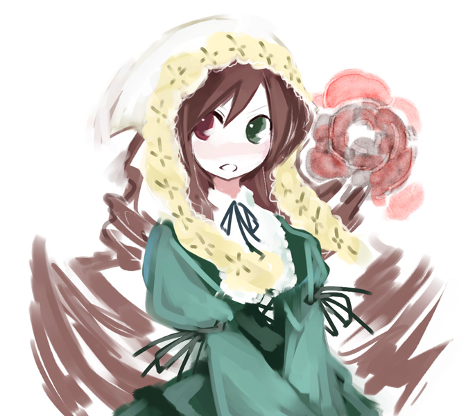 ushiki yoshitaka, suiseiseki, rozen maiden, 00s, 1girl, blush, brown hair, dress, drill hair, female focus, flat chest, frills, green dress, green eyes, hat, headscarf, heterochromia, lolita fashion, long sleeves, red eyes, solo, twin drills, twintails, white headscarf