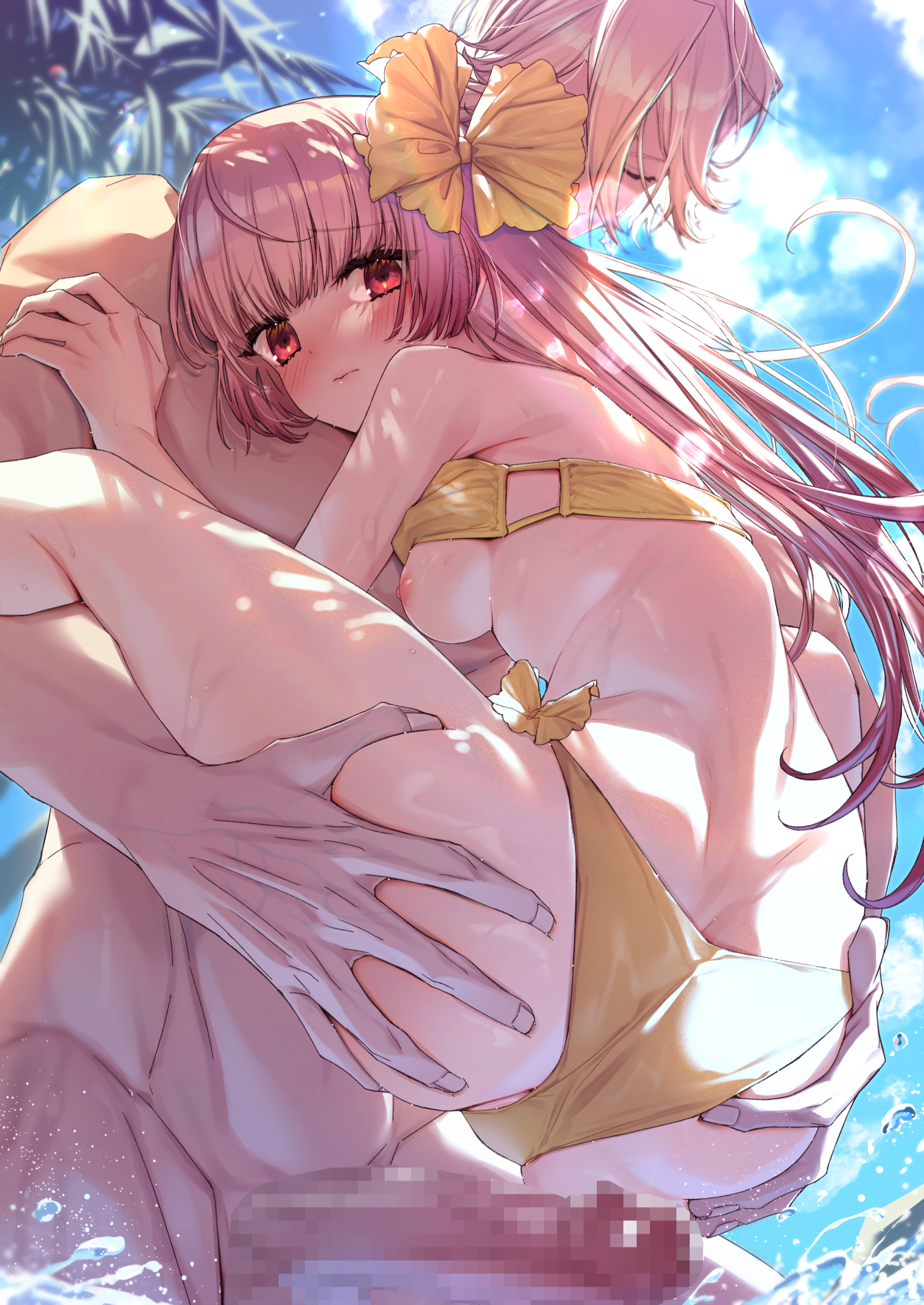 alfred (artist), mathias ferrier adalet, suelle malen, atelier (series), atelier lydie & suelle, commentary, highres, 1boy, 1girl, ass, beach, bikini, bikini top lift, bikini top only, blue sky, blush, bow, breasts, breasts out, carrying, carrying person, censored, closed mouth, clothed female nude male, clothes lift, cloud, day, erection, flower, groping, hair bow, hair flower, hair ornament, hair ribbon, hetero, imminent penetration, lifting person, long hair, looking at viewer, looking back, medium breasts, mosaic censoring, nipples, nude, outdoors, palm tree, penis, pink hair, red eyes, ribbon, sky, small breasts, standing, sunlight, suspended congress, swimsuit, swimsuit lift, tree, water, wet, yellow bikini, yellow bow