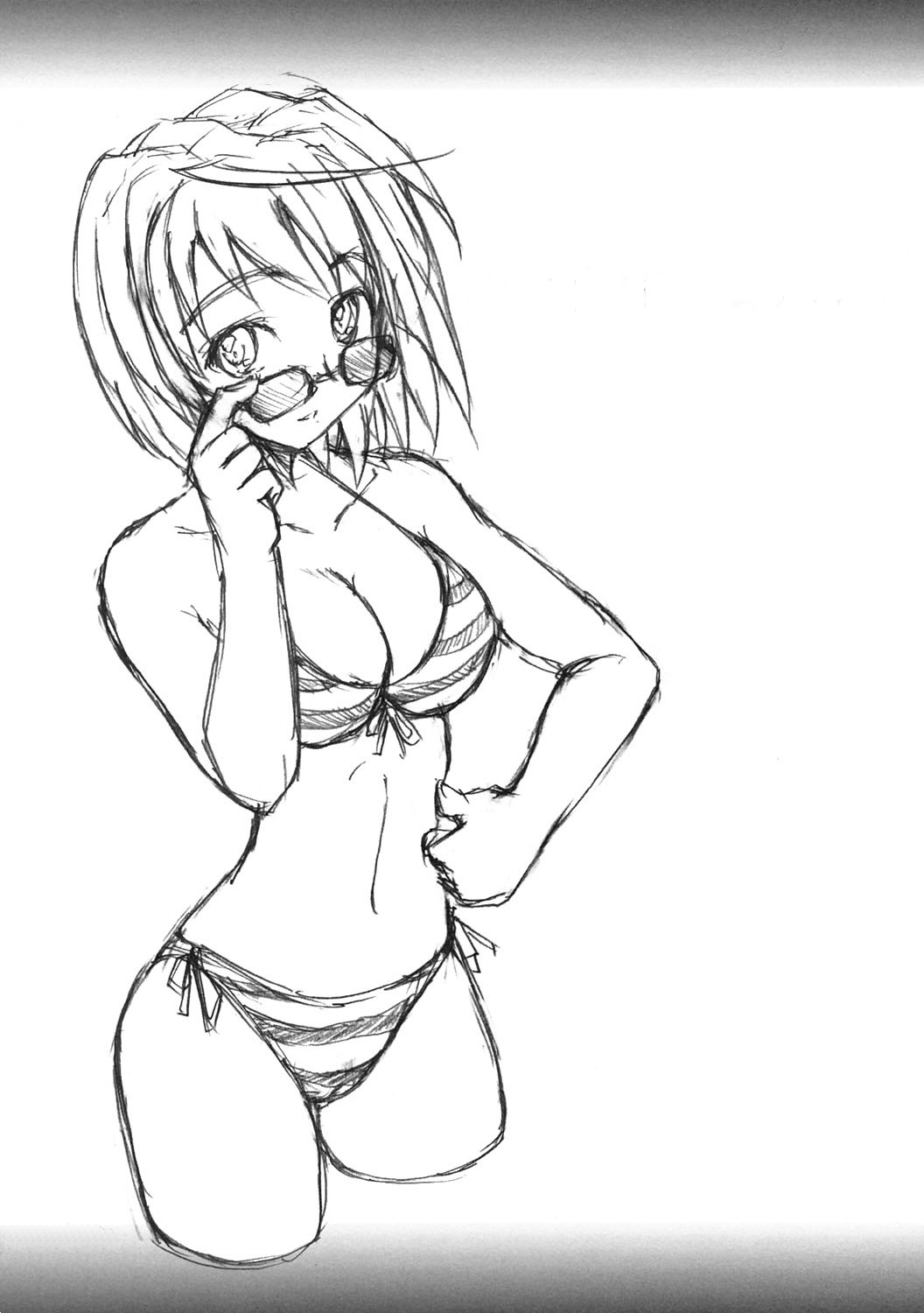 umiushi, tokiha mai, my-hime, highres, 00s, 1girl, bikini, breasts, cleavage, female focus, glasses, greyscale, large breasts, monochrome, short hair, side-tie bikini bottom, solo, striped bikini, striped clothes, swimsuit