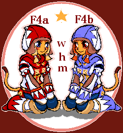 ginyaa, mithra (ff11), white mage (final fantasy), final fantasy, final fantasy xi, blue legwear, lowres, 00s, 2girls, animal ears, blonde hair, brown eyes, eye contact, fox ears, full body, hood, long sleeves, looking at another, multiple girls, pantyhose, short hair, simple background, smile, white background