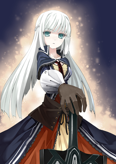 murata taichi, 1girl, female focus, gloves, green eyes, long hair, looking at viewer, solo, weapon