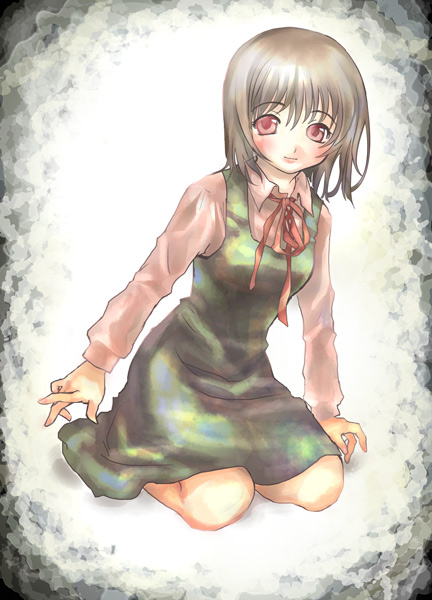 yasuhito (yasu no e), original, 1girl, brown hair, female focus, imouto route, kneeling, pink eyes, ribbon, solo