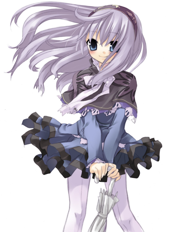 sazaki ichiri, therese weisman, dragon shadow spell, silver hair, 1girl, blue eyes, blush, bow, capelet, dress, female focus, floating hair, frilled dress, frills, hairband, lace, light smile, lolita fashion, long hair, looking at viewer, pantyhose, ribbon, short dress, simple background, smile, solo, standing, turtleneck, umbrella, v arms, white background, white pantyhose