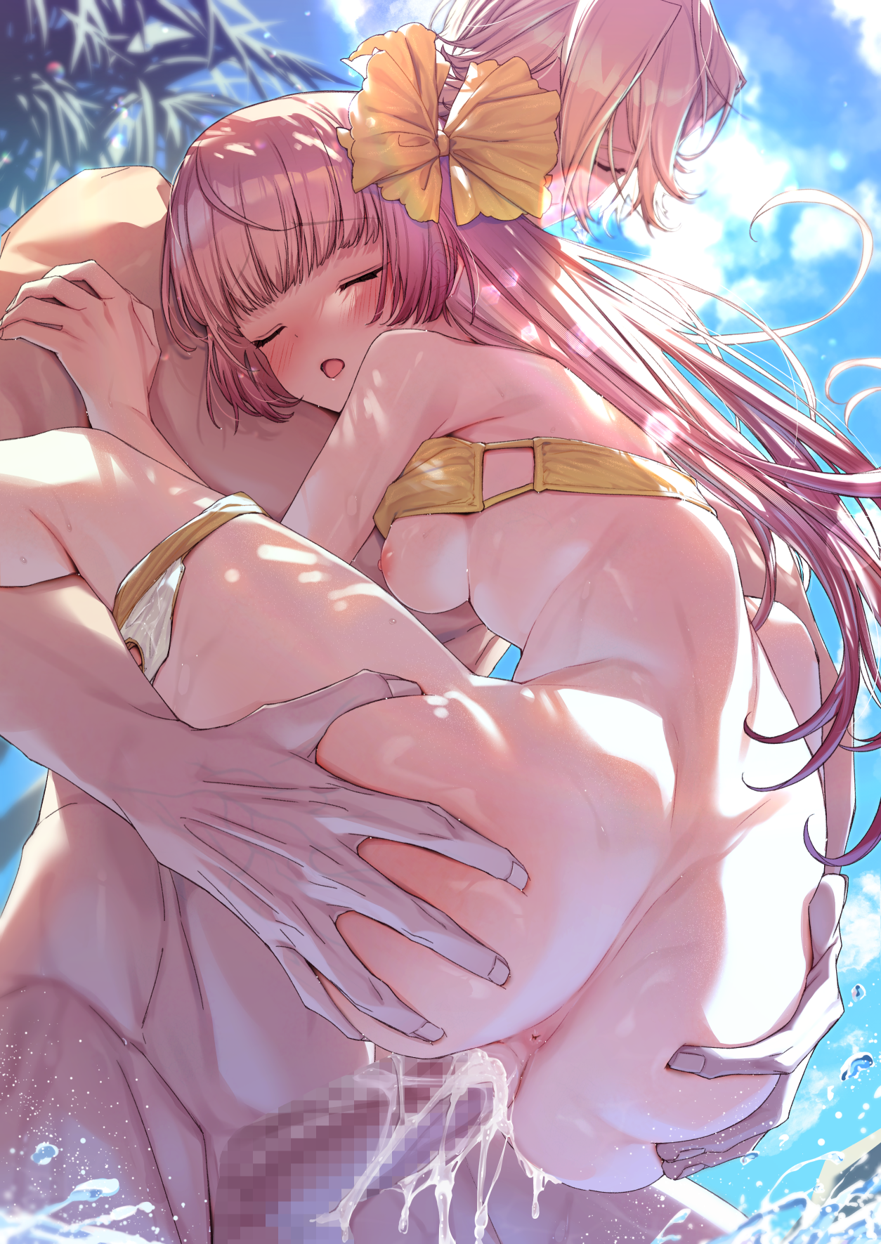 alfred (artist), mathias ferrier adalet, suelle malen, atelier (series), atelier lydie & suelle, highres, 1boy, 1girl, anus, ass, beach, bikini, bikini top lift, bikini top only, blue sky, blush, breasts, censored, clothes lift, cloud, cum, day, flower, from below, groping, hair flower, hair ornament, hair ribbon, hetero, lifting person, long hair, medium breasts, mosaic censoring, nipples, open mouth, outdoors, palm tree, penis, pink hair, puckered anus, pussy, ribbon, sex, sky, standing, standing sex, suspended congress, swimsuit, swimsuit lift, tree, vaginal, water, yellow bikini